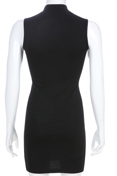 Womens Elegant High Collar Sleeveless Split Hem Black Mini Nightclub Dress