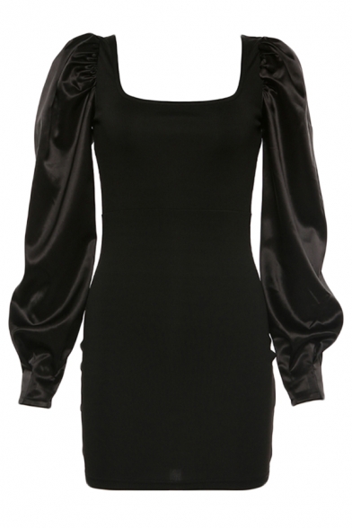 Womens New Casual Square Neck Puff Long Sleeve Slim Fit Black Mini Party Dress