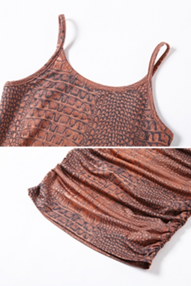 Womens Popular Brown Snake Skin Printed Slim Fit Midi Party Slip Dress