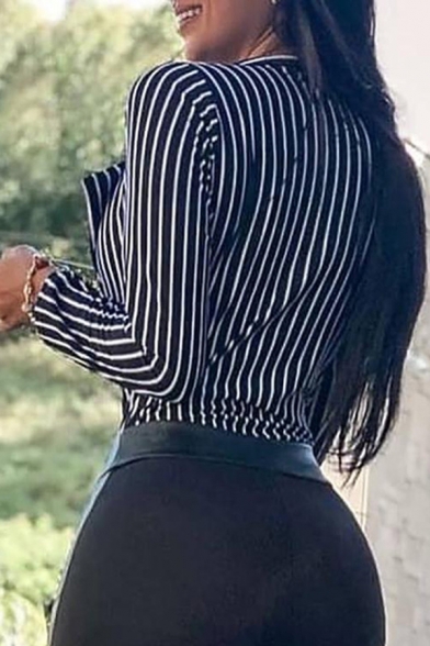 Womens Sexy Elegant Black Stripe Peak Lapel Long Sleeve Slim Fit Business Shirt