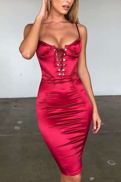 Womens Sexy Elegant Solid Color Lace Up Front Satin Midi Sheath Cami Dress for Party
