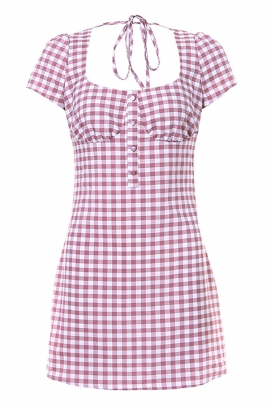 Womens Simple Red Plaid Print Short Sleeves Button Embellished Tied Back Casual Mini Dress