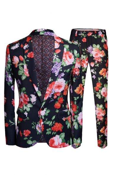 African Fashion Mens Night Club Popular Flower Print Long Sleeve Black Suit Set with Pants