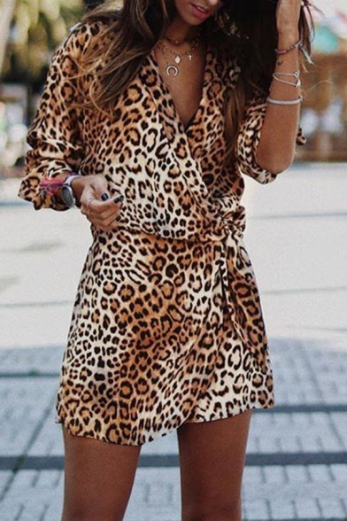 Casual Fancy Ladies' Long Sleeve Surplice Neck Bow Tie Waist Leopard Print Short Wrap Dress