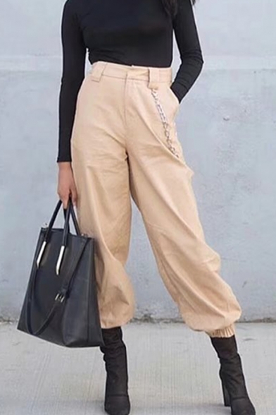 Casual Fashion Girls' High Rise Chain Embellished Cuffed Oversize Ankle Plain Tapered Trousers
