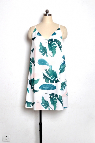 Casual Summer Sleeveless V-Neck Leaf Printed Loose Fit Short Beach Cami Trapeze Dress for Women
