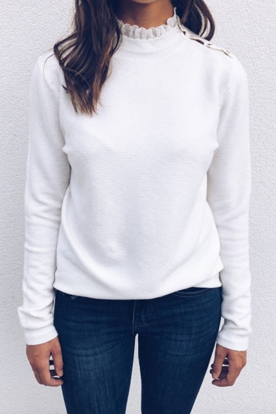 Chic Plain Lace Trimmed Collar Snap Button Embellished Shoulder Long Sleeve Fitted Knitted T-Shirt Sweatshirt