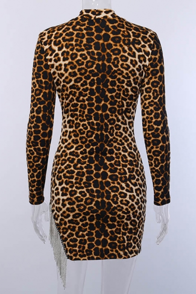 Classic Leopard Pattern Long Sleeve Hollow Out Front Rhinestone Tassel Brown Mini Party Dress