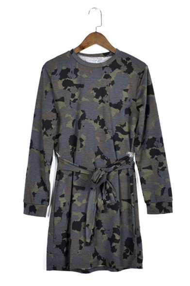 Cool Street Casual Long Sleeve Crew Neck Camo Print Tied Front Fitted Short Sweatshirt Dress for Women