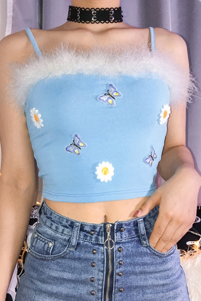 Cute Blue Women's Sleeveless Butterfly and Flower Pattern Fluffy Slim Fit Crop Cami Top