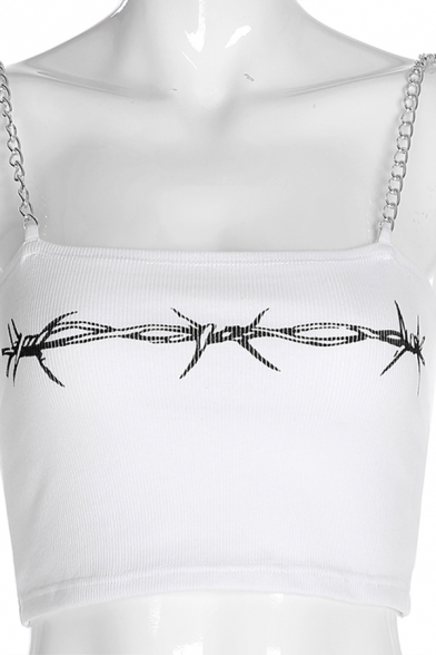 Edgy Girls Sleeveless Chained Wire Print White Knit Slim Fit Cami
