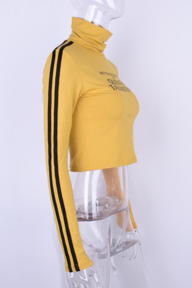 Edgy Looks Yellow Long Sleeve High Neck Letter Print Contrast Piped Slim Crop T Shirt