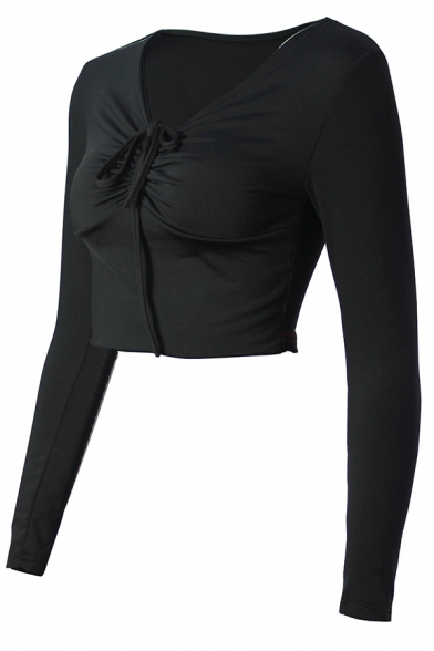Elegant Basic Long Sleeve Deep V-Neck Bow-Tie Front Ruched Slim Plain Crop T Shirt for Girls