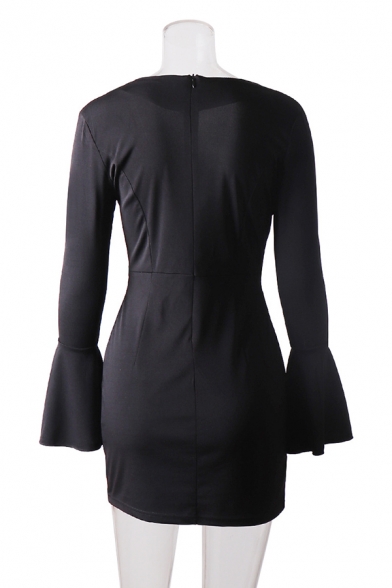 Elegant Ladies' Long Sleeve Surplice Neck Mental Button Zipper Back Ruffled Trim Fitted Short Wrap Dress