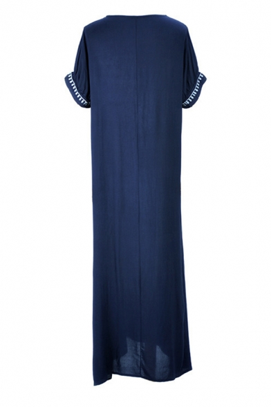 Ethnic Navy Short Sleeve V-Neck Floral Print Slit Side Long Flowy Dress for Ladies