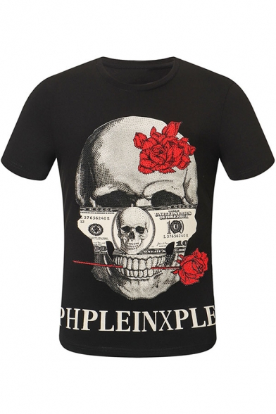 Fancy Skull Floral Letter Printed Short Sleeve Round Neck Leisure Tee