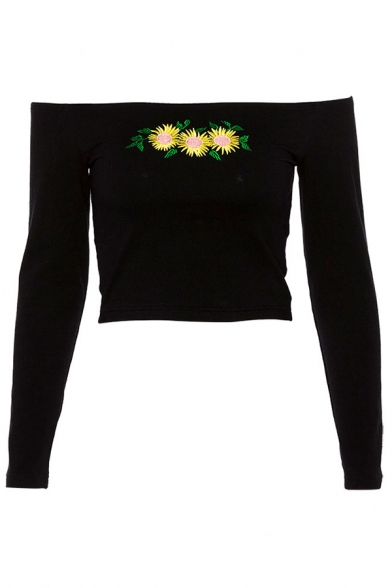 Fashion Black Long Sleeve Off The Shoulder Sunflower Printed Fitted Crop Tee for Girls