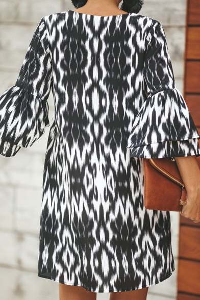 Fashion Ladies' Tiered Sleeve V-Neck Leopard Print Plain Mini Swing Dress
