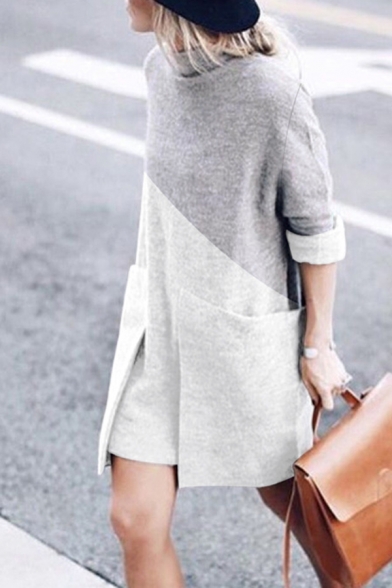 Fashion White&Grey Long Sleeve Mock Neck Pocket Contrasted Short Shift T Shirt Dress