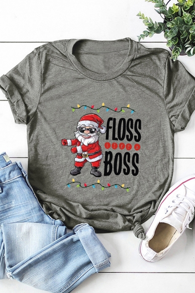 Fashionable Santa Claus FLOSS LIKE A BOSS Letter Short Sleeves Crew Neck Christmas T-Shirt