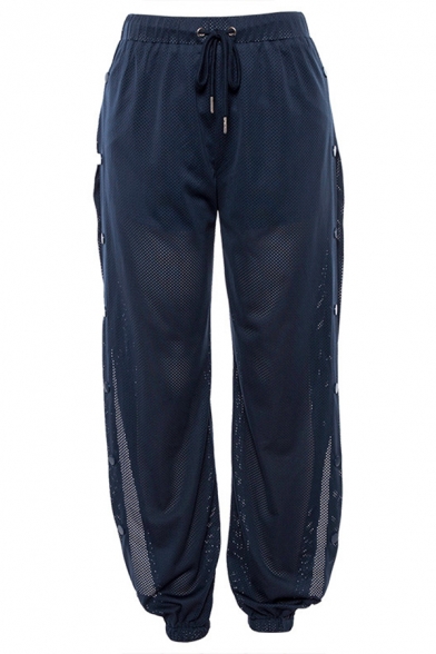 Female Athletic Style Elastic Waist Button Mesh Cuffed Long Oversize Navy Jogger Pants