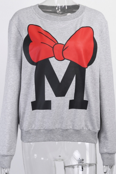 Girls Fall Popular Letter M Red Bow Pattern Long Sleeve Round Neck Casual Sweatshirt