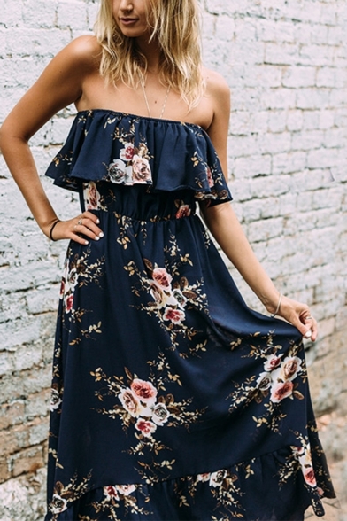 Glamorous Ladies' Sleeveless Strapless Floral Pattern Ruffled Trim Pleated Maxi Flowy Dress in Blue