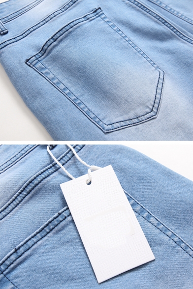 Guys Popular Contrast Topstitch Design Daily Jeans Light Blue Ripped Denim Trousers