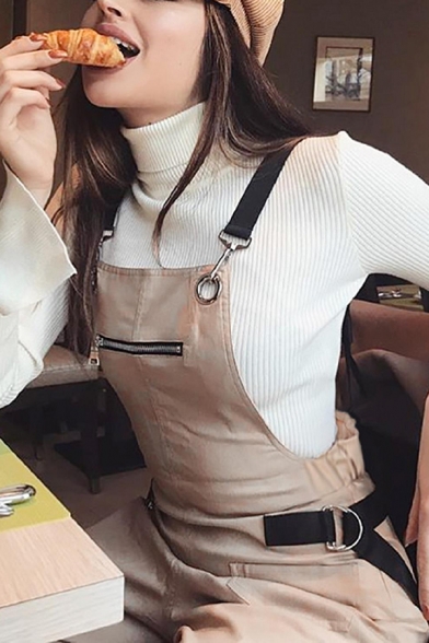 Khaki Fashion Casual Sleeveless Buckle Strap Zip Detail Ankle Relaxed Tapered Suspender Trousers for Girls
