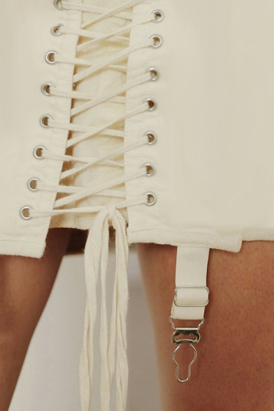 Ladies' Stylish Plain High Waist Lace Up Buckle Embellished Bodycon Mini Skirt