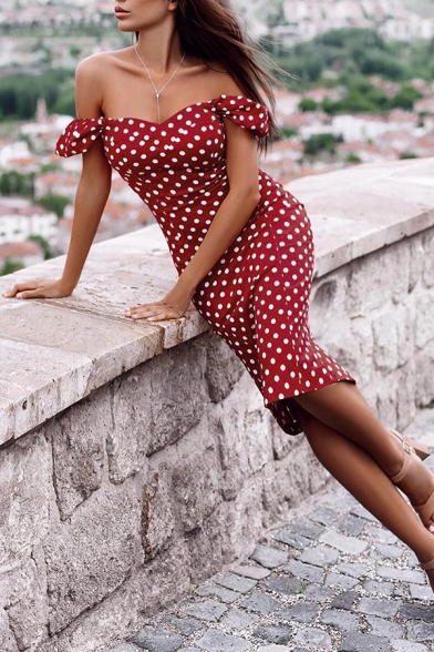 Ladies Vintage Classic Polka Dot Printed Off the Shoulder Bodycon Midi Bardot Dress