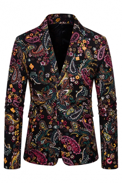 Men‘s Colorful Floral Paisley Printed Long Sleeve Slit Back Double Buttons Black Suit Blazer
