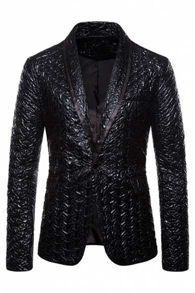Men's Shiny Fashion Solid Color Gilded Folds Jacket Single Button Shawl Collar Party Gown Suit