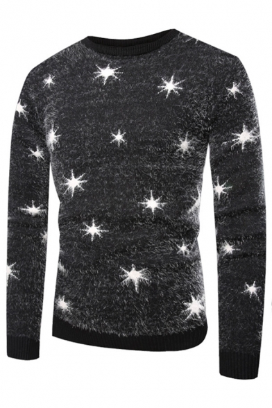 Mens Casual Glitter Stars Printed Long Sleeve Black Knitted Pullover Sweater