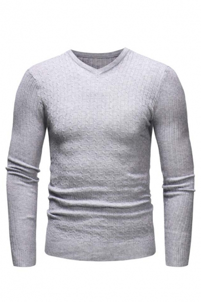 Mens Casual V-neck Long Sleeve Slim Fit Solid Color Outdoor Pullover Thin Knitted Sweater
