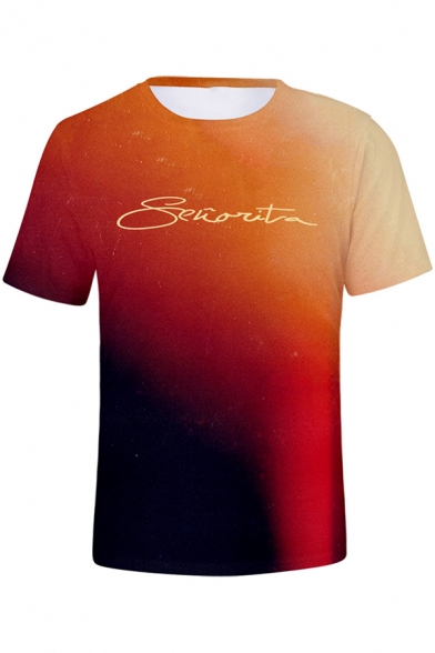 Mens Creative Letter Printed Orange Ombre Short Sleeve Fitted Leisure T-Shirt