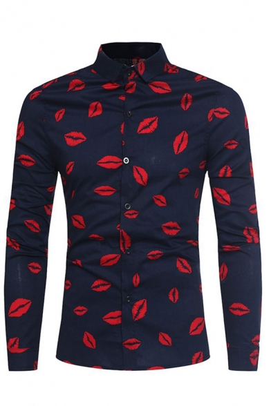 Mens Funny Red Lips Pattern Long Sleeve Slim Fit Button Up Shirt