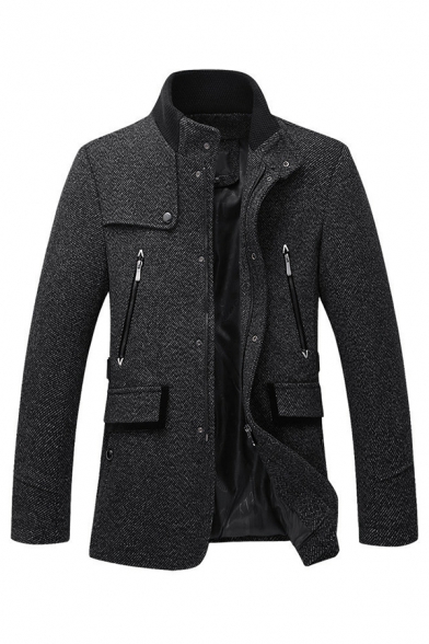 Mens Plain Casual Snap Button Front High Collar Black Textured Short Woolen Coat