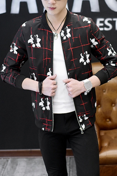 Mens Simple Floral Pattern Black Long Sleeve Zip Up Stand Collar Casual Jacket Coat