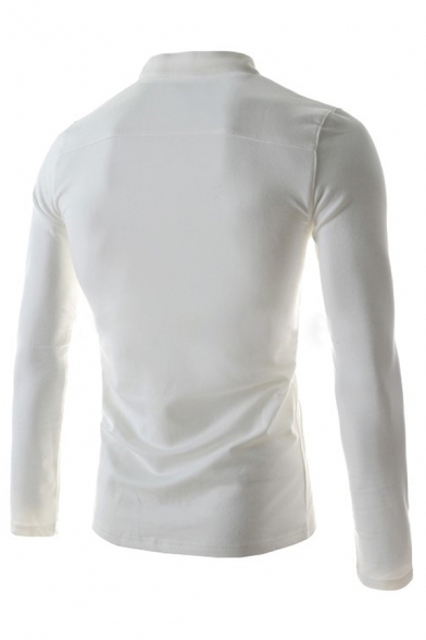 Mens Simple Plain Long Sleeve Button Front Slim-Fit Polo Shirt