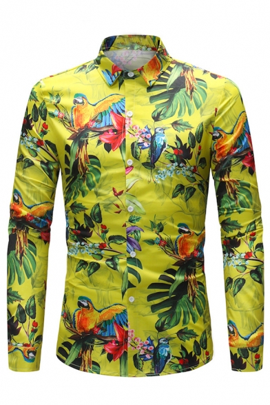 Mens Stylish Parrot and Leaf Printed Long Sleeve Button Up Light Green Holiday Shirt