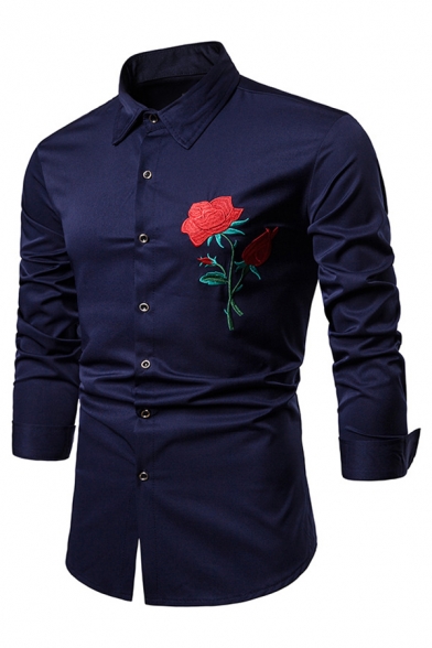 Corriee Men Shirt Stylish Luxury Embroidery Rose Shirt Top Mens Classic Slim Fit Lapel Long Sleeve T-Shirts 
