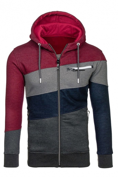 Mens Unique Colorblock Striped Letter Printed Long Sleeve Zip Up Leisure Hoodie