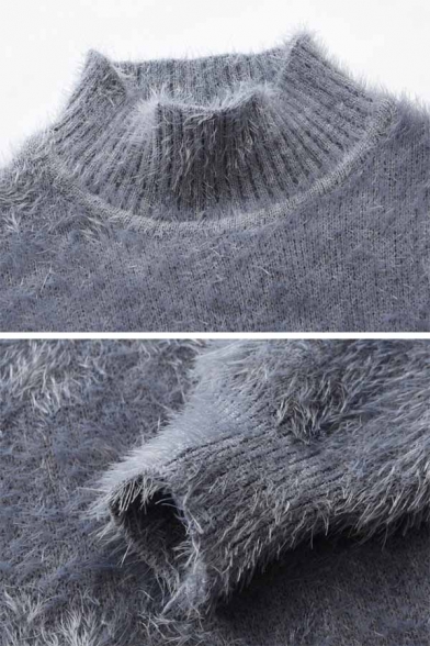 Mens Warm High Collar Long Sleeve Fluffy Mohair Plain Knitted Pullover Sweater