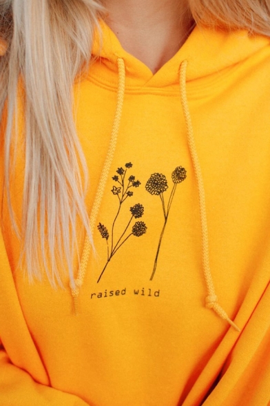 Popular Yellow Letter RAISED WILD Flower Printed Long Sleeve Pouch Pocket Oversized Hoodie