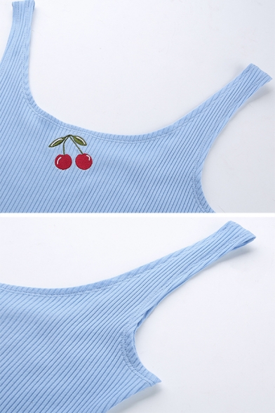 Sexy Blue Sleeveless Scoop Neck Cherry Print Knit Stringy Selvedge Crop Tank Top for Girls