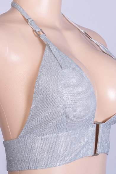 Sexy Party Sequired Sleeveless Halter Buckle Detail Silver Bustier for Girls