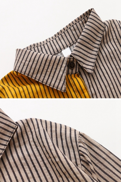 Simple Colorblock Striped Panel Long Sleeve Single Breasted Oversized Linen Shirt