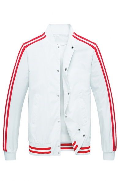 Simple Stripe Printed Long Sleeve Single Breasted Stand Collar Leisure Varsity Baseball Jacket