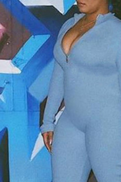 Stylish Women's Long Sleeve Deep V-Neck Zipper Front Knit Stretch Ankle Skinny Jumpsuit in Blue